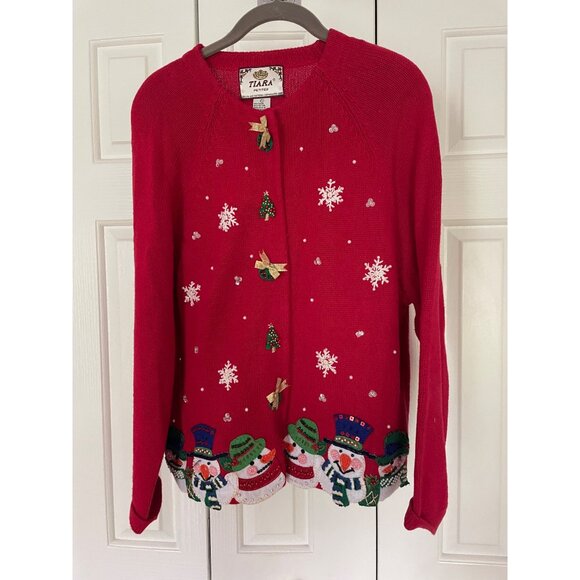 Tiara Petites Red Ugly Christmas Sweater Snowman Snowflake Applique Sequin Pearl - Picture 7 of 9